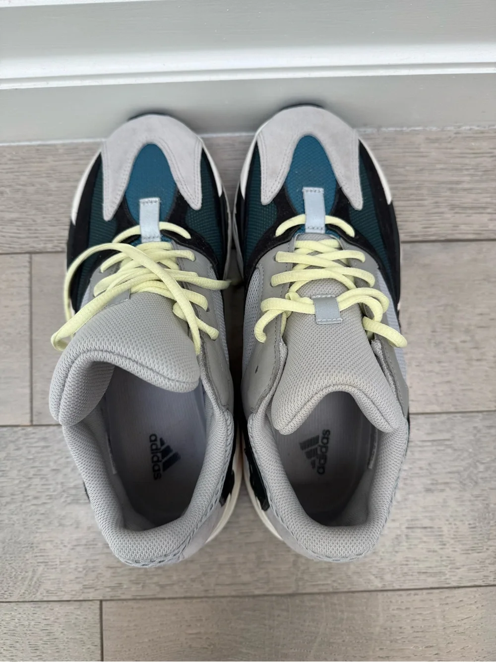 Adidas Yeezy Men’s Grey, Teal & Black Sneakers with Neon Orange Accents